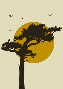 Summer landscape sunset aesthetic tree silhouette poster. Wall art banner w.. Stock Illustration