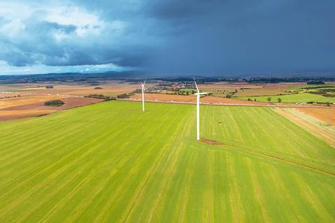 Summer landscape with a thundercloud over fields and forests, view from above Stock Photos