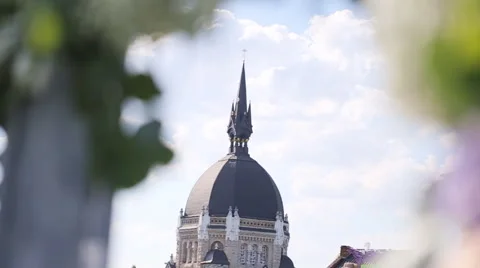 Summer landscape with tree, green leaves, church and sky on background, view Stock Footage 65954103