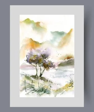 Summer landscape with tree growing on hillside and high mountains on horizon Stock Illustration