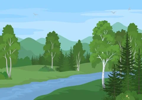 Summer Landscape with Trees and River Stock Illustration