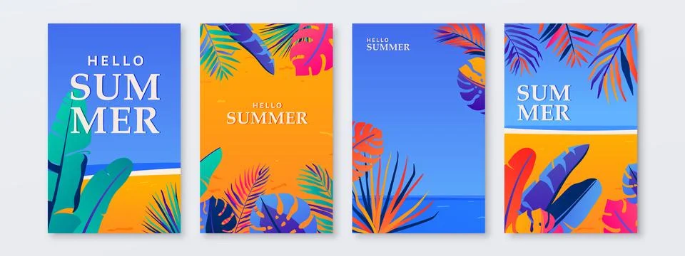Summer landscape vector background. Social media story set for vertical sum.. Stock Illustration