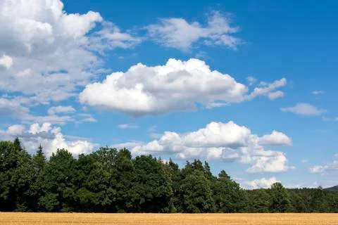 Summer landscape with white clouds on the blue sky Stock Photos