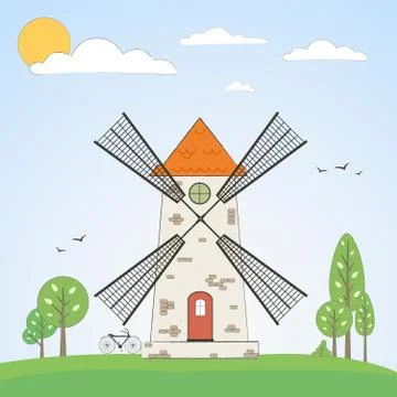 Summer landscape with a windmill Stock Illustration