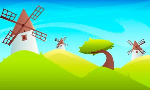 Summer landscape Windmill Stock Illustration