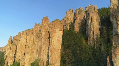 Summer Lena Pillars cliffs peaks covered moss weathering Siberia Russia landmark Stock Footage 121177508