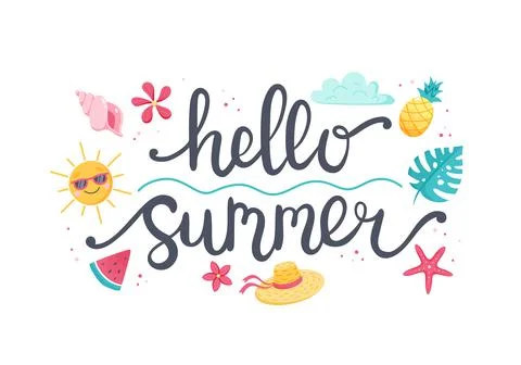Summer lettering and cute beach elements sun, flowers, seashell, fruits. Hand Stock Illustration