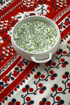 Summer light cold soup with cucumber, radish, egg and dill with the additio.. Stock Photos