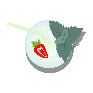 Summer light refreshing mojito cocktail with half strawberry, mint leaves, straw Stock Illustration