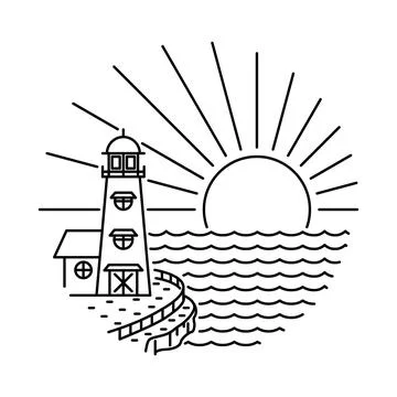 Summer Lighthouse Beach Line Graphic Illustration Vector Art T-shirt Design Stock Illustration
