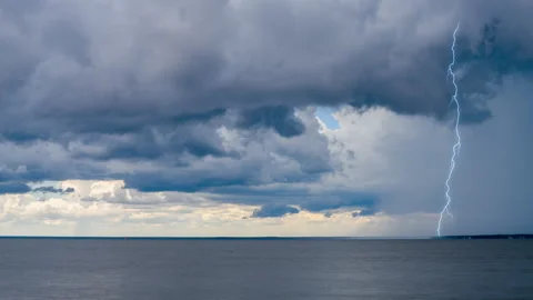 Summer Lightning Storm Cell Over Ocean Stock Footage 204814409
