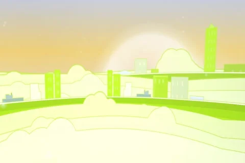Summer lime glow dreamy floating city ambient motion background with halo sun sk Видео 338384211