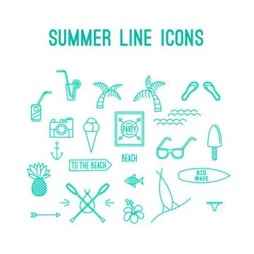 Summer line icon set. Beach and sea resort vacation design elements Illustrazione stock