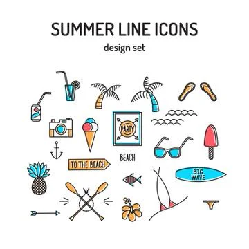 Summer line icon set. Beach and sea resort vacation design elements Illustrazione stock