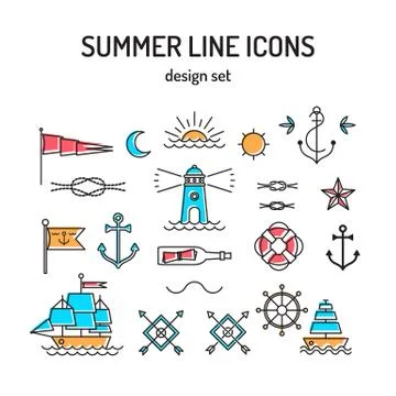 Summer line icon set. Nautical design elements in retro tattoo style Stock Illustration