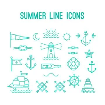 Summer line icon set. Nautical design elements in retro tattoo style Stock Illustration