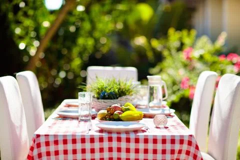 Summer lunch outdoors. Table setting for barbecue. Stock Photos
