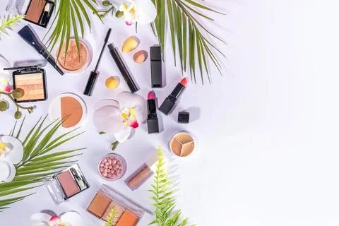 Summer make up cosmetics flat lay Stock Photos