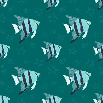 Summer marine pattern with fish, starfish and shells on a blue background Stock Illustration