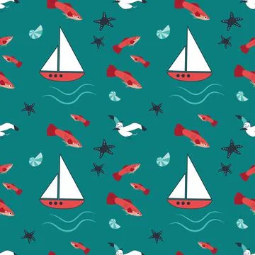 Summer marine pattern with ships, waves, starfish, seagulls and fish on a blue Stock Illustration