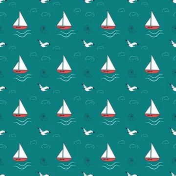 Summer marine pattern with ships, waves and seagulls on a blue background. Illustrazione stock