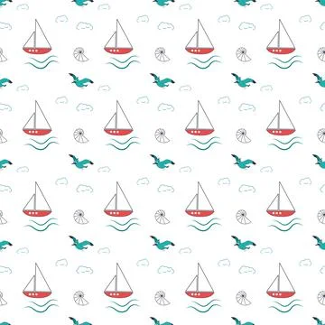 Summer marine pattern with ships, waves and seagulls on a white background. Illustrazione stock