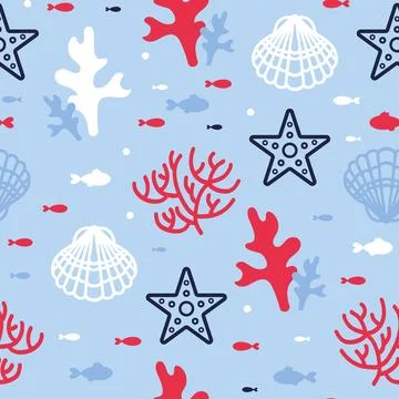 Summer marine seamless pattern with corals, starfish, algae, shells and fish Illustrazione stock