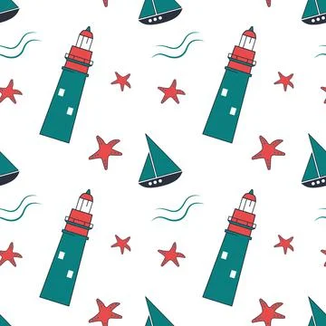Summer marine seamless pattern with lighthouses, starfish and ships on a white Stock Illustration