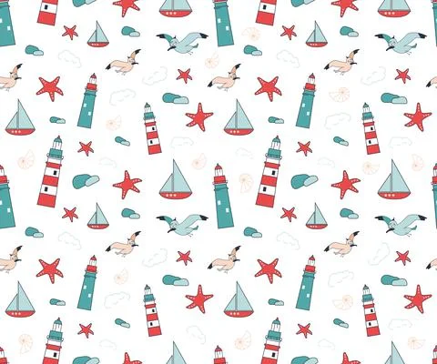 Summer marine seamless pattern on a white background Stock Illustration