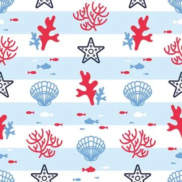 Summer marine striped seamless pattern with corals, starfish, algae, shells and イラスト素材