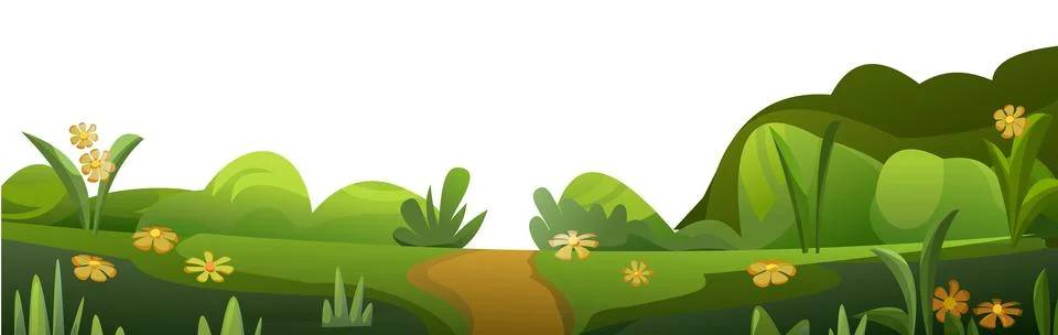 Summer meadow and path. Scenery Landscape. Fun cartoon style. Vector Stock Illustration