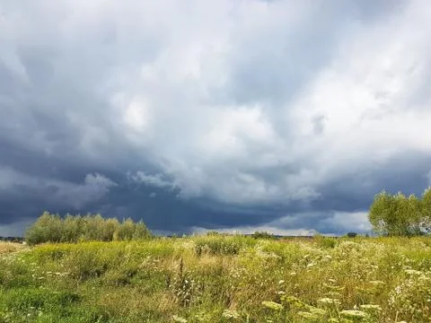 Summer meadow in the rays of the sun with an impending thundercloud. Weather  Stock Photos