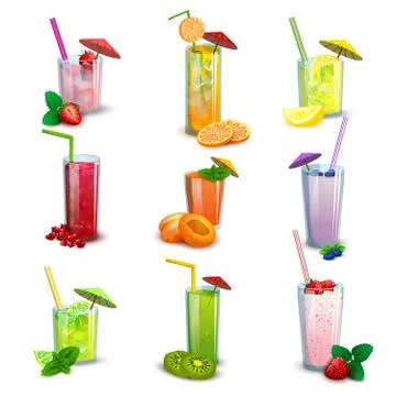 Summer milkshakes drinks flat icons set Stock Illustration