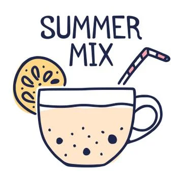 Summer mix concept. Tea cup with lemon and bubble milk tea cartoon vector ill Stock Illustration
