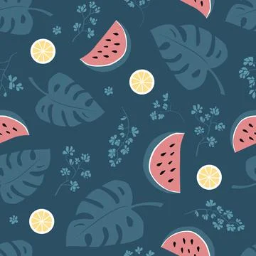 Summer modern seamless vector pattern of monstera leaves, flowers, lemon. For Illustrazione stock