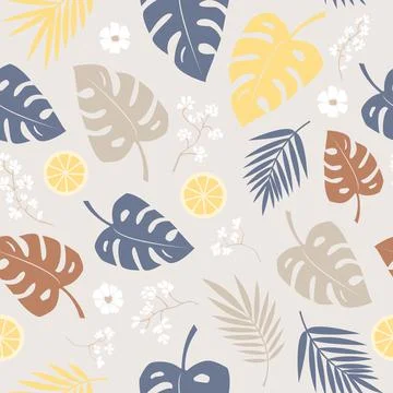 Summer modern seamless vector pattern of palm leaves, monstera, flowers, lemo Stock Illustration
