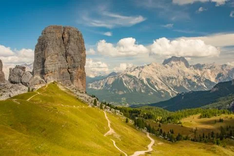 Summer mountain alpine meadow panorama. Cinque Torri, Dolomites Alps, Italy Stock Photos