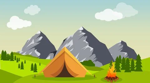 Summer mountain camping flat vector illustration tent with campfire green Stockillustratie