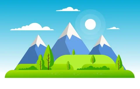 Summer Mountain Green Nature Field Land Sky Landscape Illustration Stock Illustration