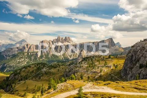 Summer mountain landscape Cinque Torri, Dolomite Alps, Italy Stock Photos