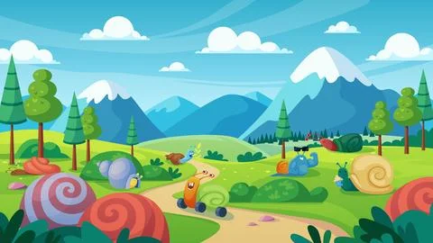 Summer mountain landscape with comic cute snails on road and meadow, pastoral Illustration