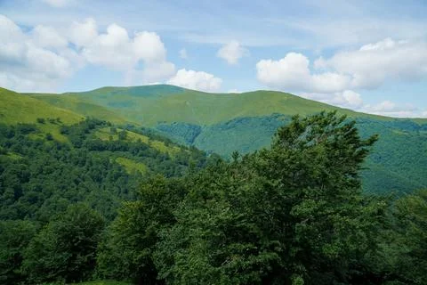 Summer mountain landscape, forest, clouds. Mount Gemba Pylypets Ukraine. Ukra Stock Photos