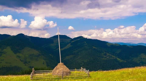 Summer Mountains Landscape with Haystack and Clouds. Stock Footage 68860080