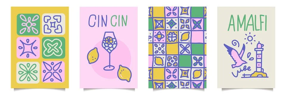 Summer naive posters set with lemon. Italian vintage doodle poster. Summer vibe Stock Illustration