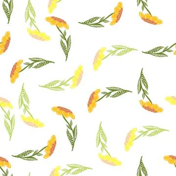 Summer natural seamless pattern with yellow flowers ornament. White backgroun Illustrazione stock
