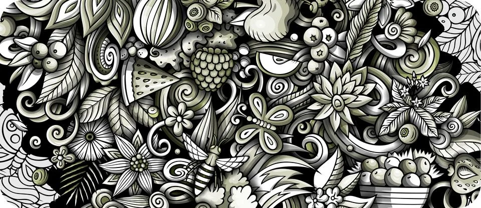 Summer nature hand drawn cartoon doodles illustration. 库存插图