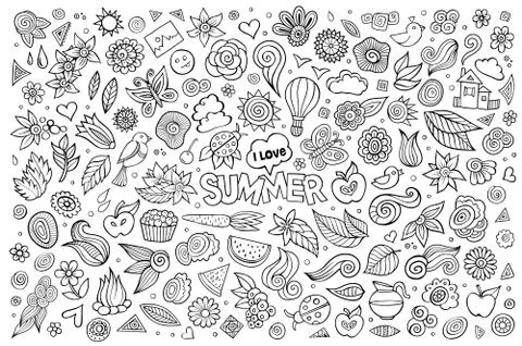 Summer nature hand drawn vector symbols and objects Stock Illustration