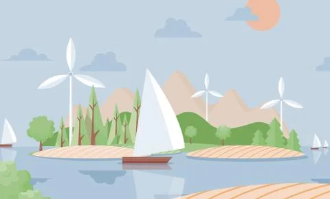 Summer nature landscape with ship vector flat illustration. Travel background Stock Illustration