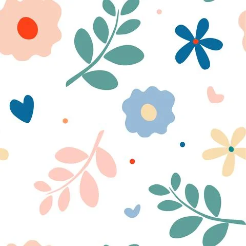 Summer nature motif seamless pattern. Daisy, twigs, petals and leaf. Meadow f Stock Illustration