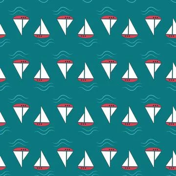 Summer nautical pattern with ships and waves on blue background. Illustrazione stock
